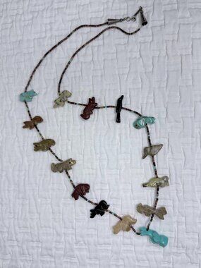 Vintage Navajo Fetish Turquoise Bear & Carved Animals Sterling Necklace *READ